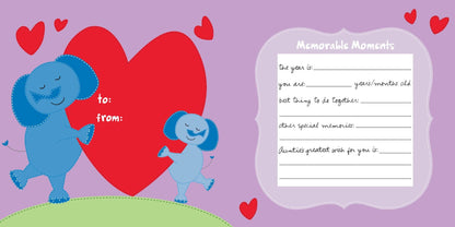 Valentine's Day card with cartoon elephants and a heart on a purple background