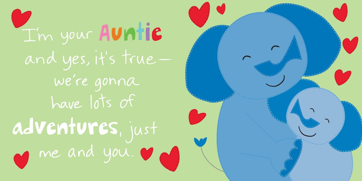Cartoon elephants with text 'I'm your Auntie' on a green background with hearts.