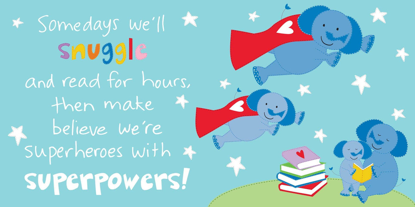 Cartoon elephants with superhero capes and books on a blue background with stars, featuring text about snuggling and reading.