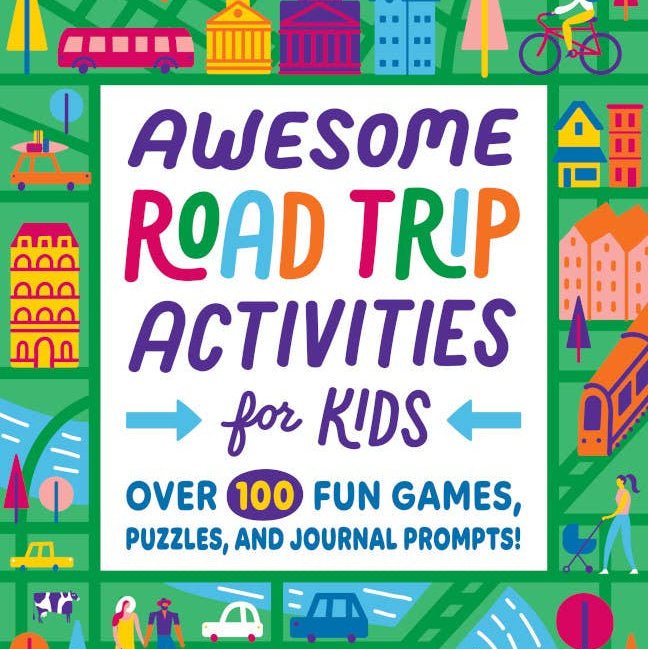 Book cover of 'Awesome Road Trip Activities for Kids' with colorful illustrations and text.