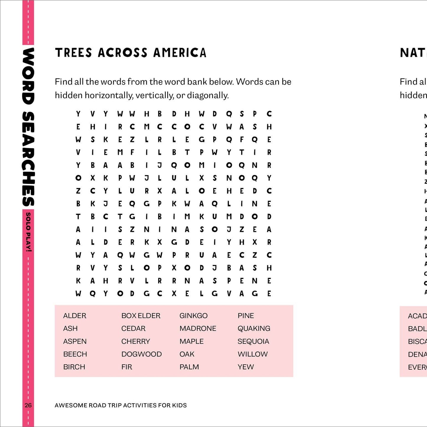 Two word search pages with 'Trees Across America' and 'National Parks' themes on a white background.