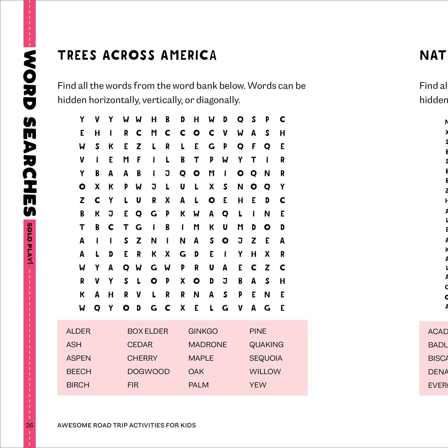 Two word search pages with 'Trees Across America' and 'National Parks' themes on a white background.