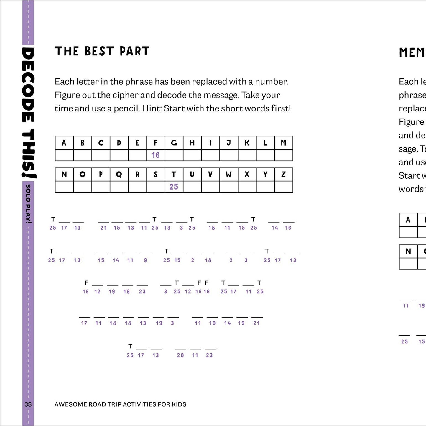 Page from a book with decode activities for kids, including a decoder chart and illustration of two children.