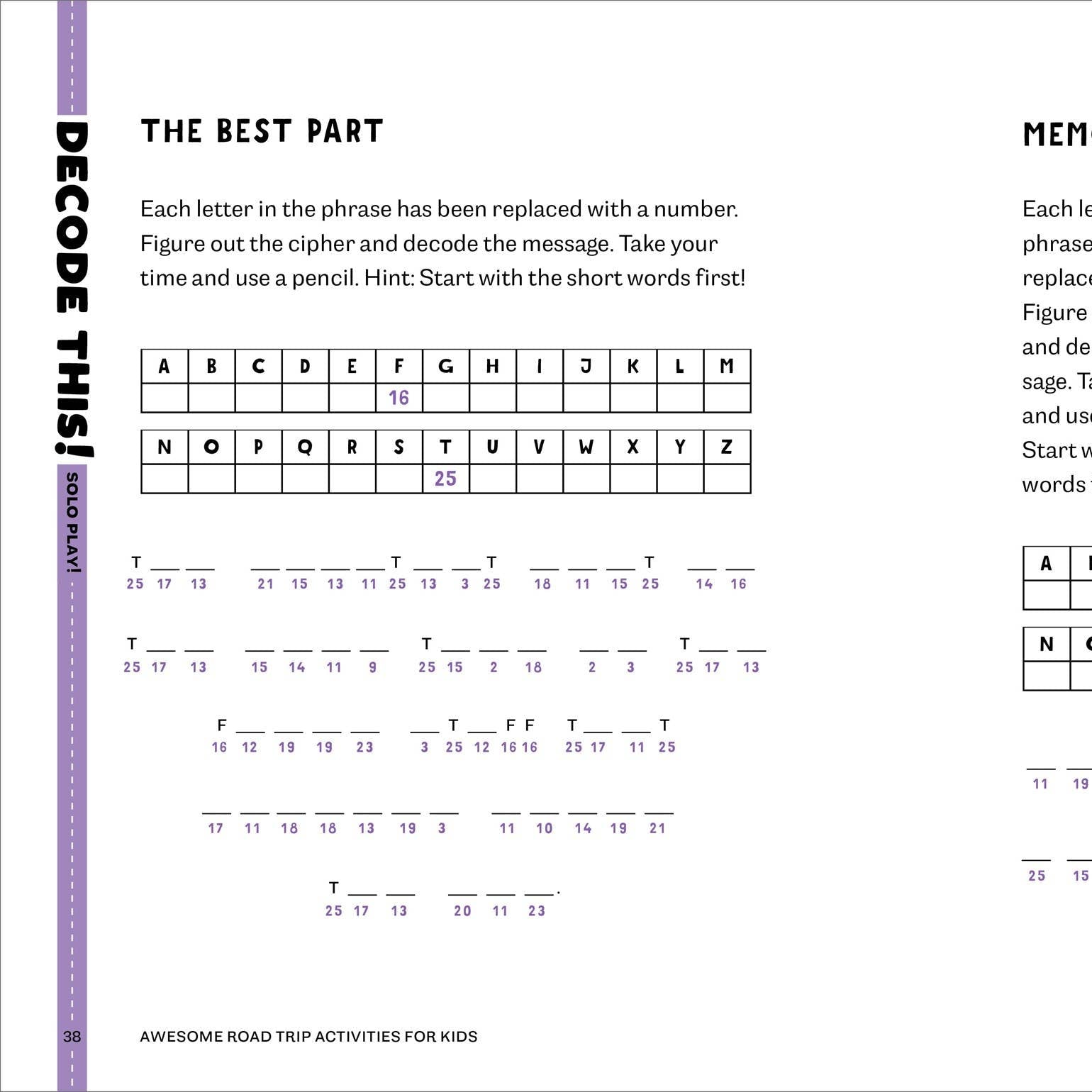 Page from a book with decode activities for kids, including a decoder chart and illustration of two children.