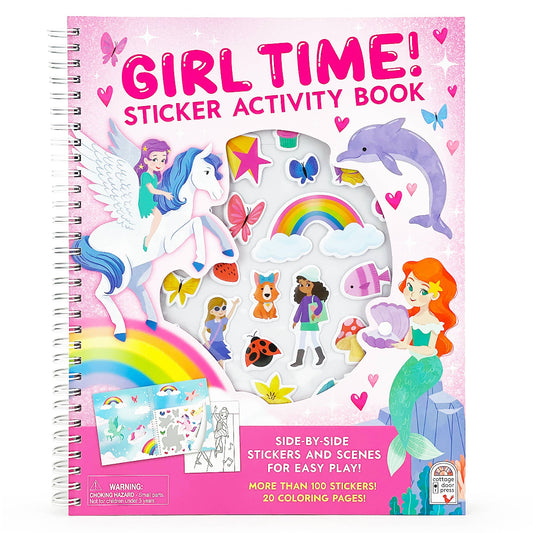 pink sticker book with mermaids, unicorns, rainbows, dolphins, butterflies, puppies, and hearts