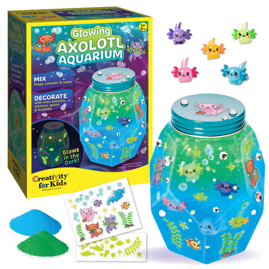 Glowing Axolotl Aquarium kit with packaging, axolotl figures, and stickers on a white background.