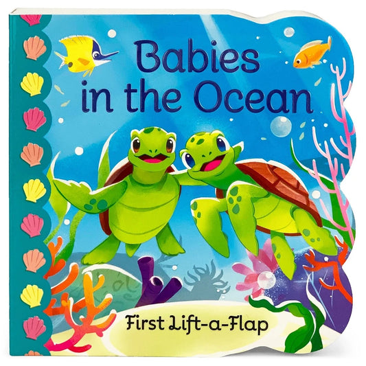 Green turtles surrounded by a multi-colored ocean scene on a board book
