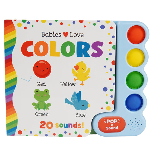 Children's book with colorful pages and sound buttons on a white background