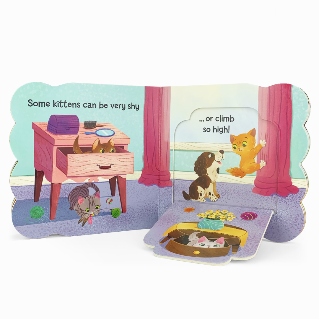 cats and a dog in a bedroom showing off lift-a-flap