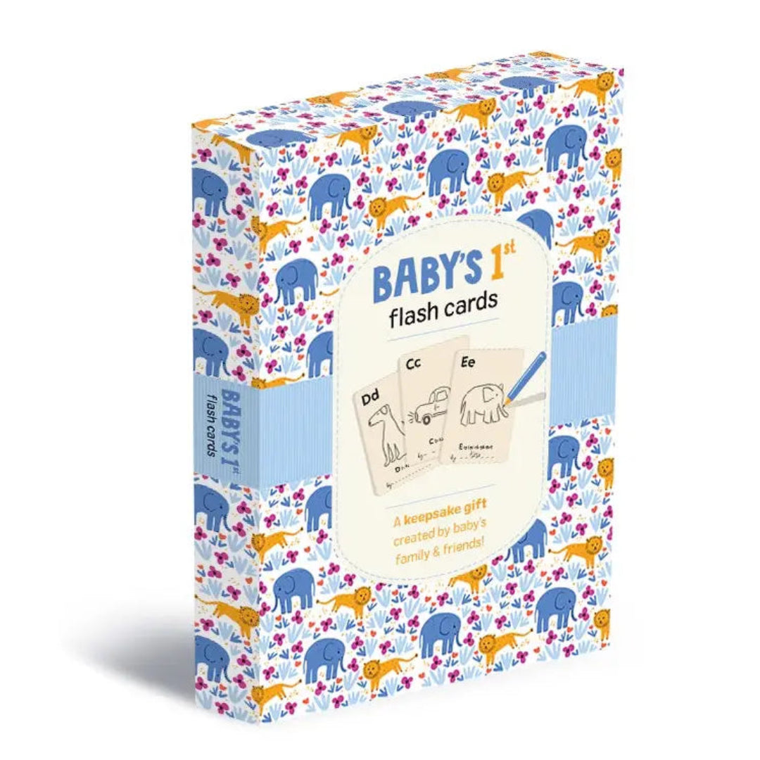 baby flash cards in a blue and white box with little elephants and lions on the front