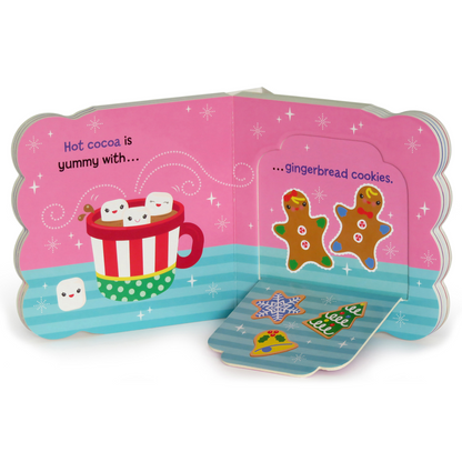 inside pages of board book with hot cocoa and gingerbread cookies