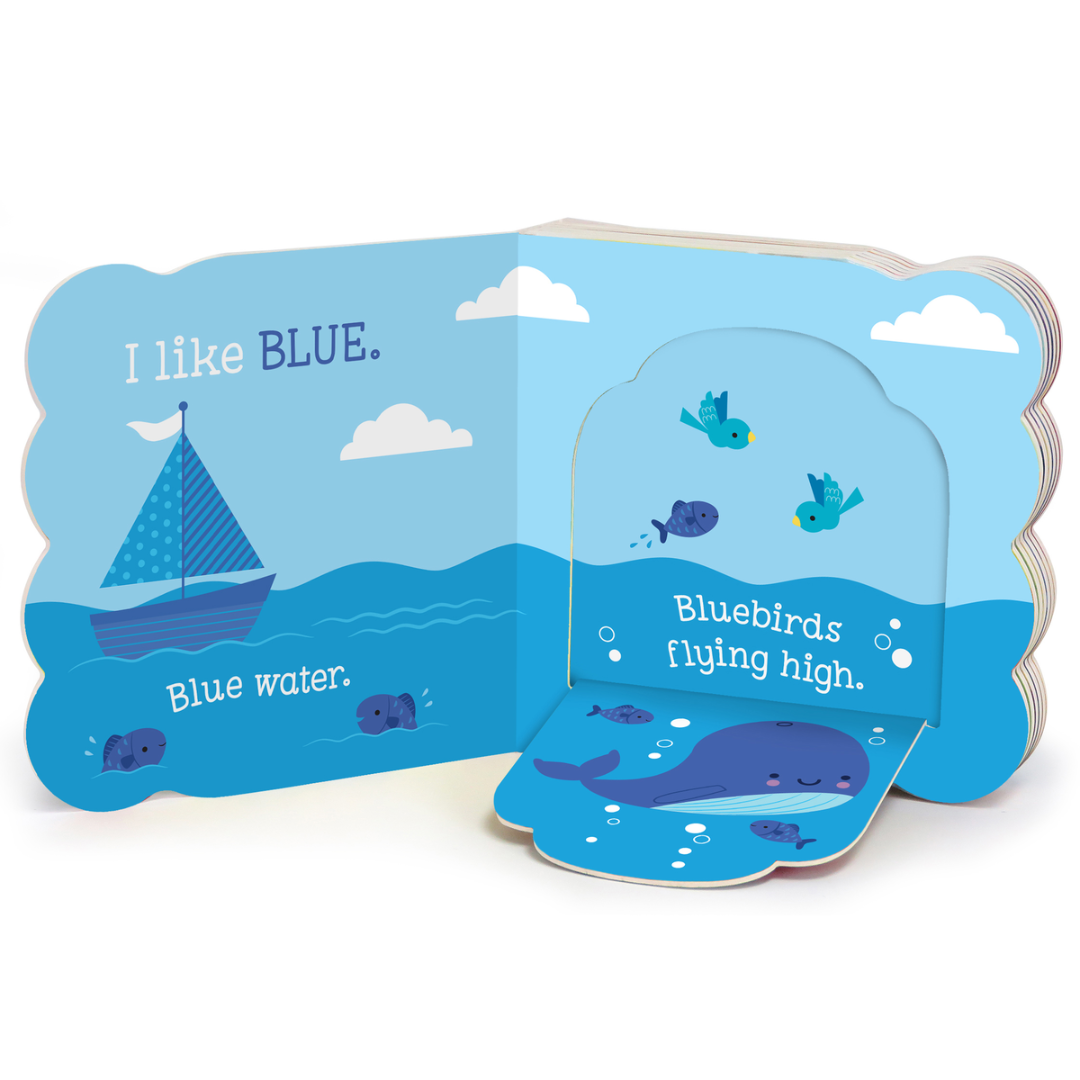 Blue pages of a board book with an ocean scene