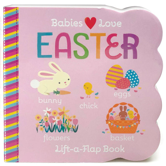 pink board book with a bunny, chick, eggs, flowers and a basket on the front cover