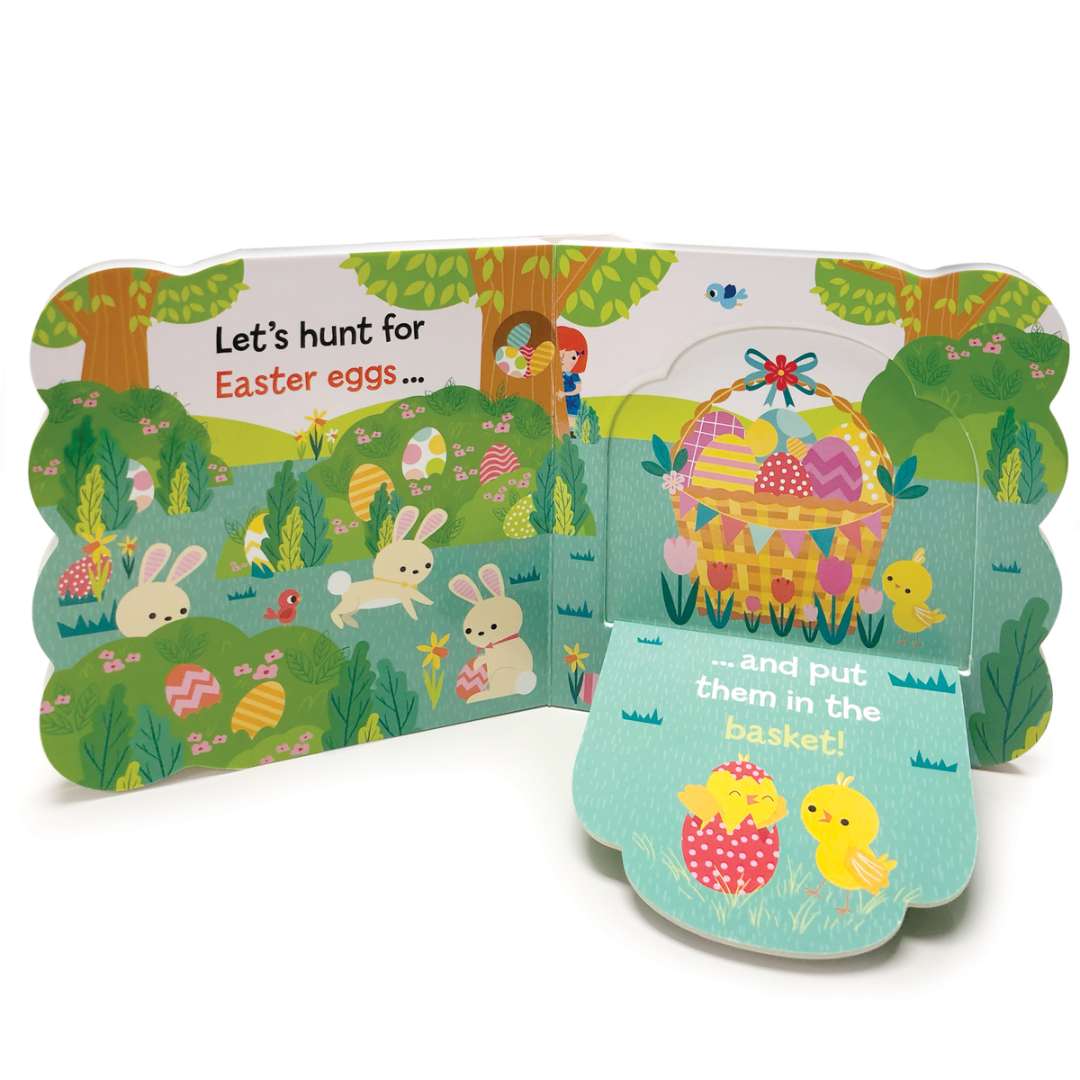 inside pages of the board book in a forest theme with lots of bunnies, hidden easter eggs, an easter basket and a fold down flap revealing some chicks