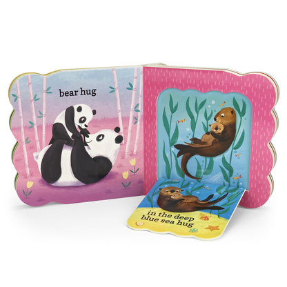 inside pages of book showing 2 bears hug and 2 otters under the sea hug