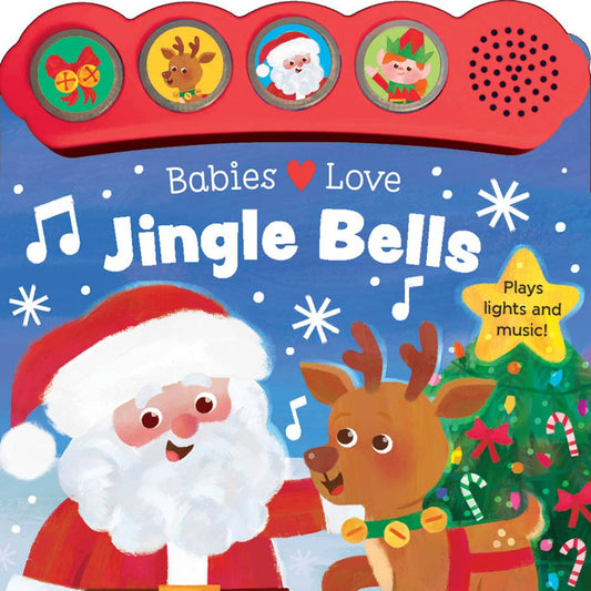 a musical sound book with santa claus and a reindeer on the cover standing next to a christmas tree in the snow