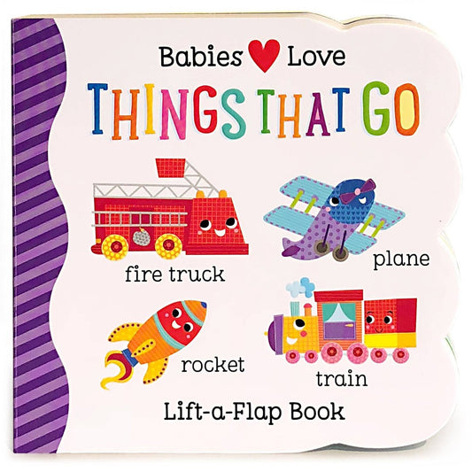 things that go book cover with a plane, fire truck, rocket, and train