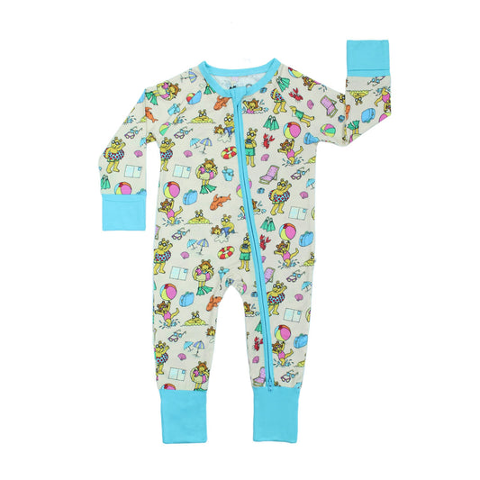 Arthur's Family Vacation Bamboo Convertible Baby Pajamas featuring vibrant light blue trim, a double zipper, and a playful print of Arthur™ in swimwear surrounded by fun beach props — perfect for family getaways.