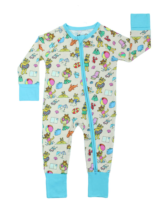 Arthur's Family Vacation Bamboo Convertible Baby Pajamas featuring vibrant light blue trim, a double zipper, and a playful print of Arthur™ in swimwear surrounded by fun beach props — perfect for family getaways.