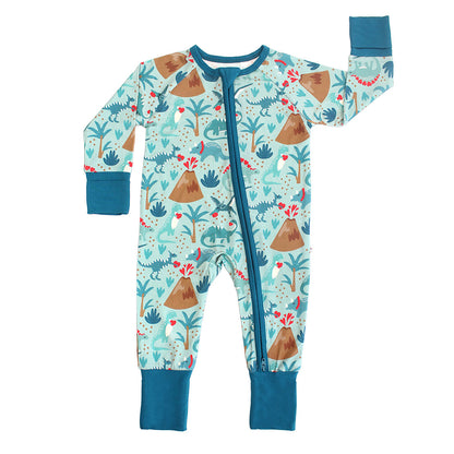 Baby bamboo zip pajama with volcano dinosaur print and soft breathable fabric.