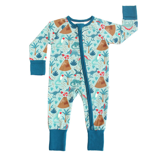 Baby bamboo zip pajama with volcano dinosaur print and soft breathable fabric.