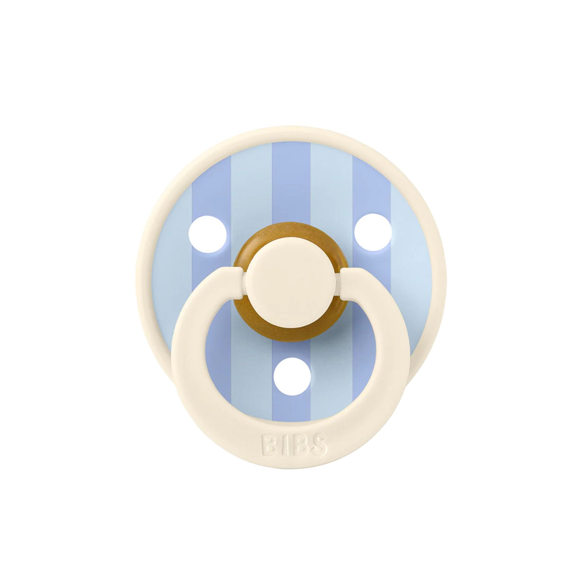 baby blue and ivory pacifier on white background