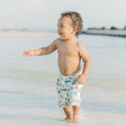 Little boy playing in the sand wearing Coral Reef Boys Swim Trunks, designed with a fun ocean-themed print of sharks and sea turtles, made from quick-dry, breathable fabric with UPF 50+ protection.

