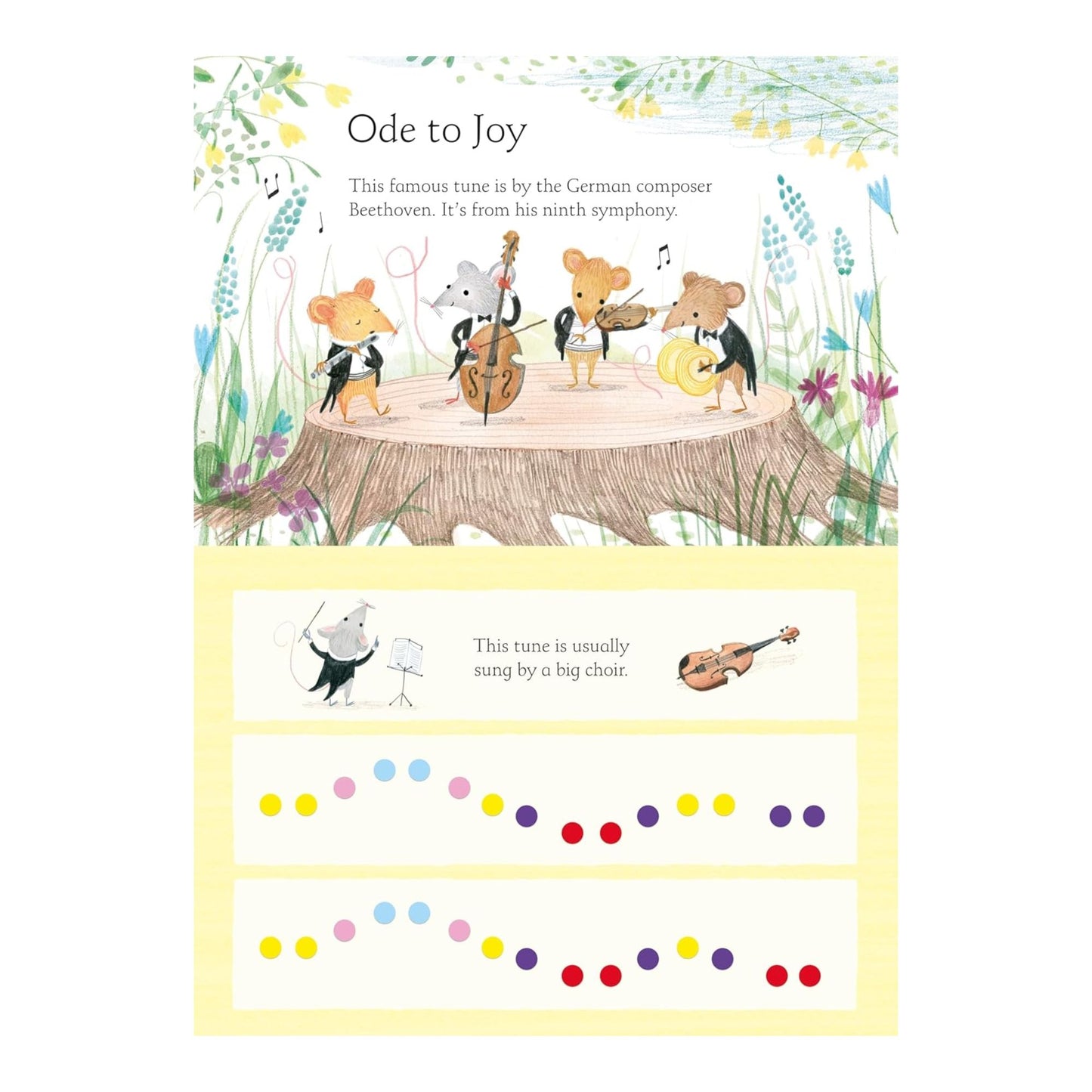 Educational children's book page about 'Ode to Joy' with animal characters playing instruments on a tree stump.