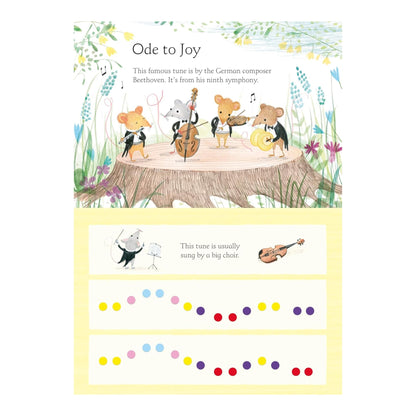 Educational children's book page about 'Ode to Joy' with animal characters playing instruments on a tree stump.