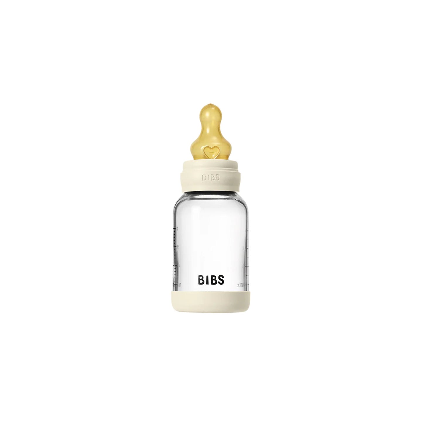 Clear baby bottle with a yellow nipple on a white background, branded 'BIBS'.