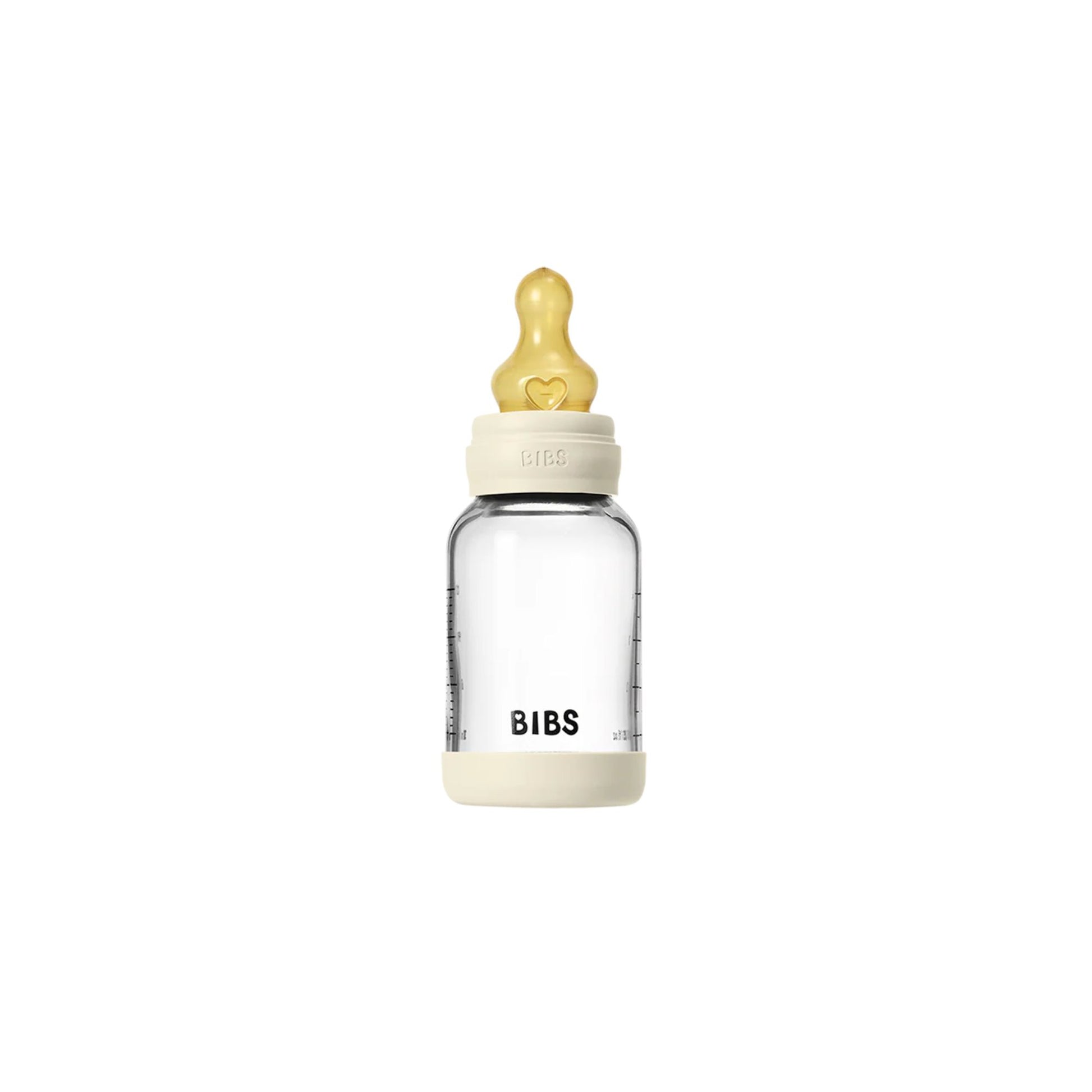 Clear baby bottle with a yellow nipple on a white background, branded 'BIBS'.