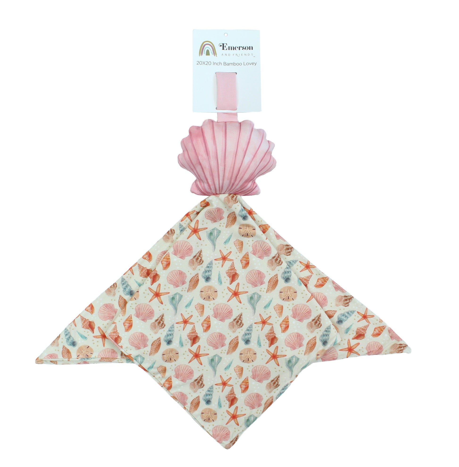 Baby lovey with sandy seashell print and pink shell with velcro