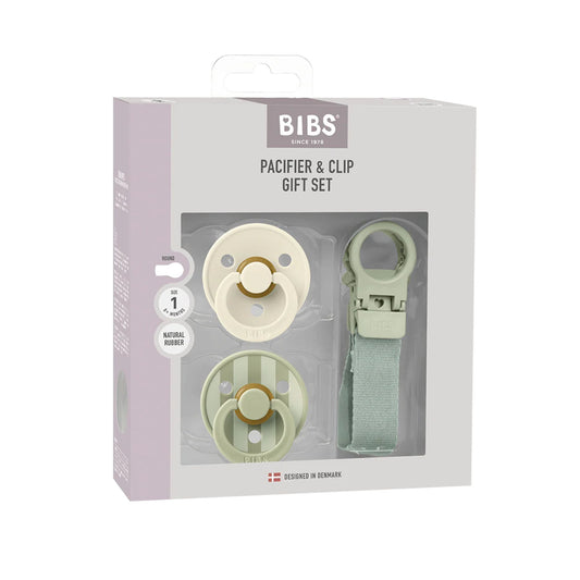 Bibs pacifier and clip gift set packaging on a white background