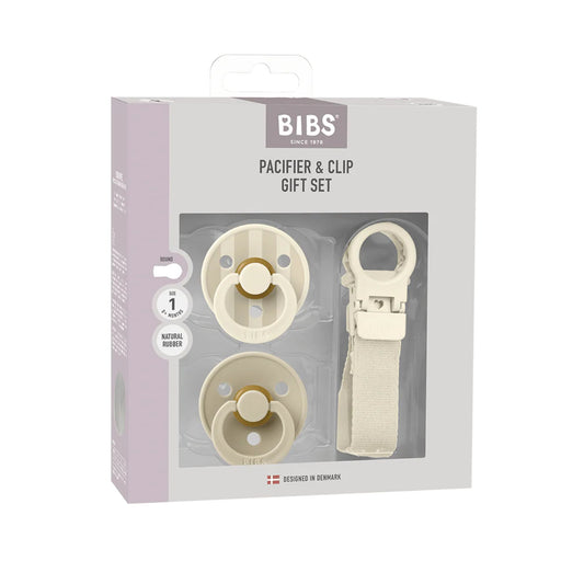 Bibs pacifier and clip gift set packaging on a white background