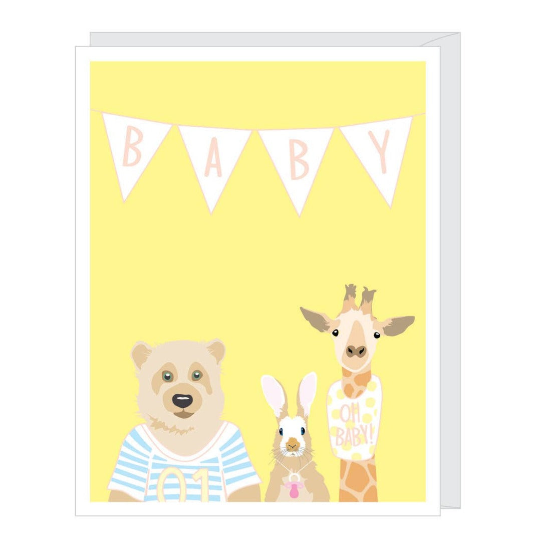 Yellow greeting card with multi-colored animals and a banner that says BABY