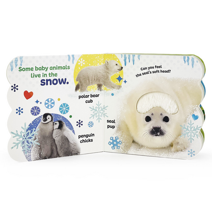 White board book pages with black and white polar animals