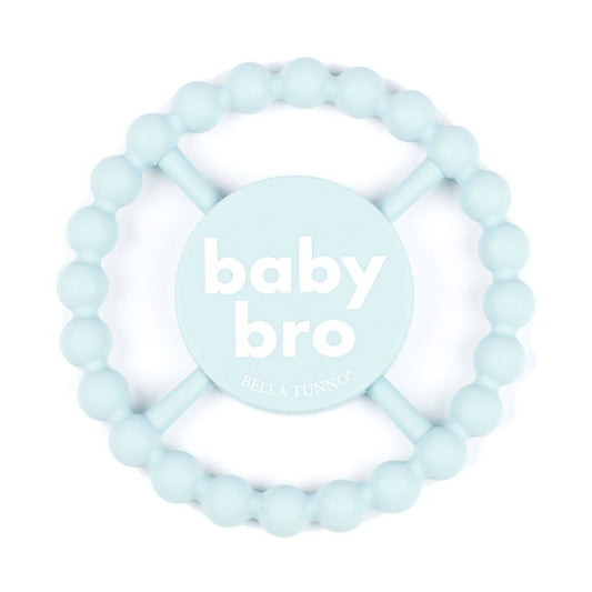 round baby blue baby teether that says baby bro in white letters