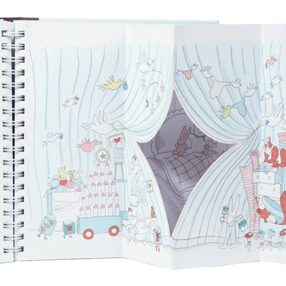 Illustrated children's book open to a page with a room scene and characters.