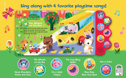 Children's book with interactive elements and colorful illustrations of a school bus and animals.