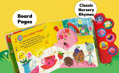 Children's board book with colorful illustrations and a red magnetic cover on a yellow background.