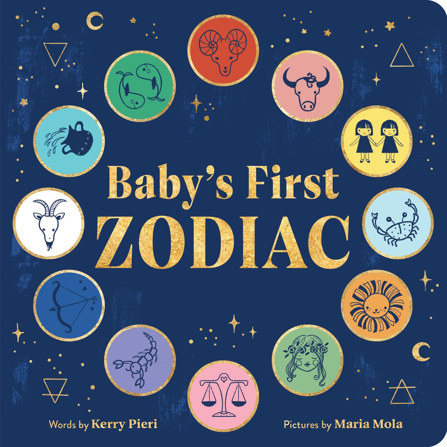 Book cover of 'Baby's First Zodiac' with zodiac symbols on a dark blue background