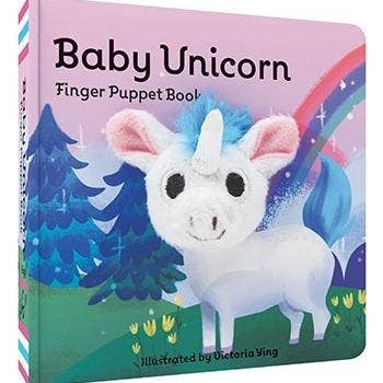 unicorn themed finger puppet board book with a purple background