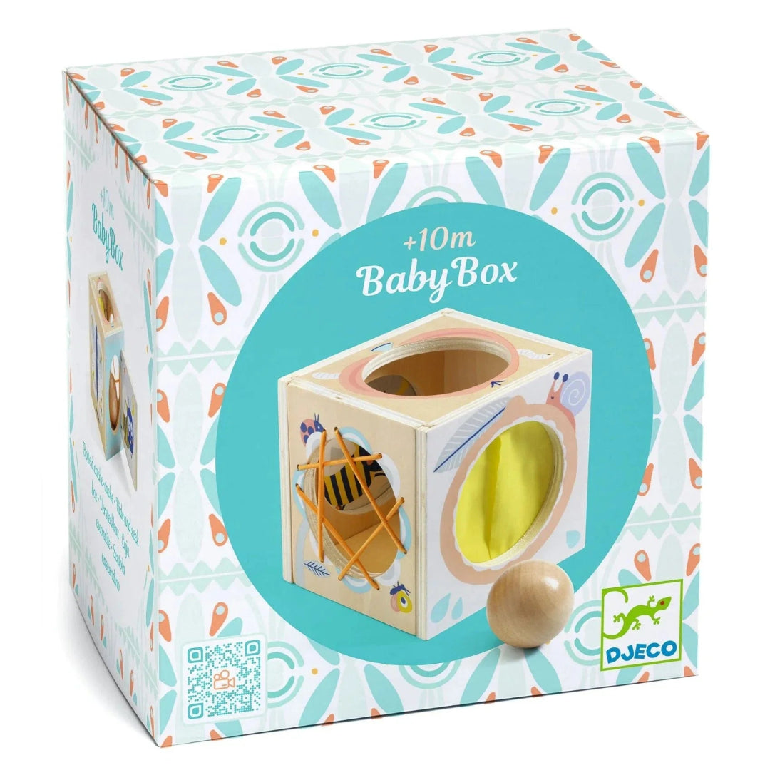 Baby toy box packaging with colorful design and DJECO branding