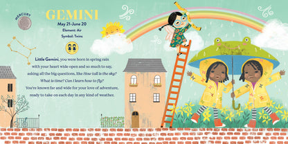 Children's book page about Gemini with colorful illustrations and text.