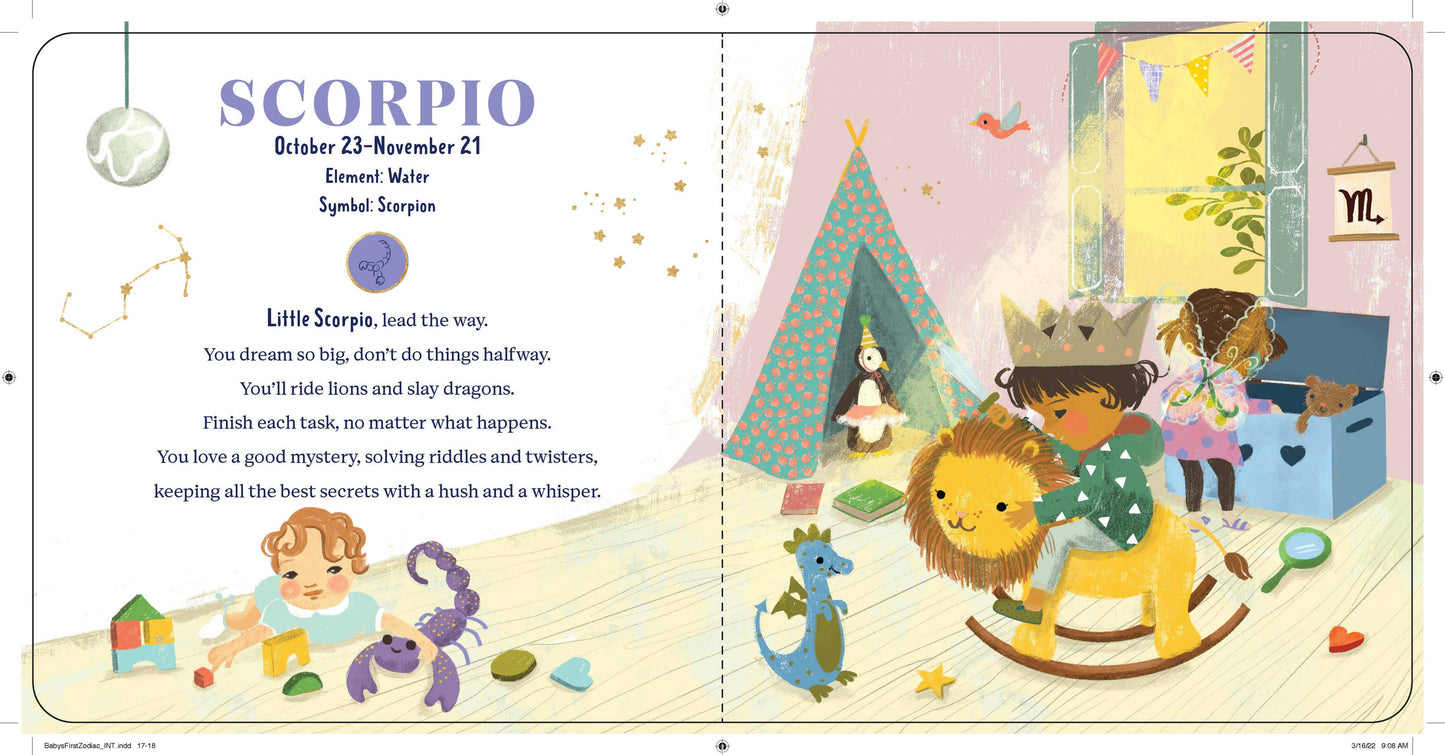 Illustrated page from a children's book about the zodiac sign Scorpio, featuring a child riding a lion and a tent.