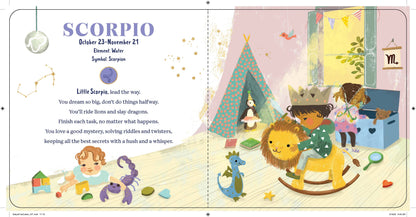 Illustrated page from a children's book about the zodiac sign Scorpio, featuring a child riding a lion and a tent.