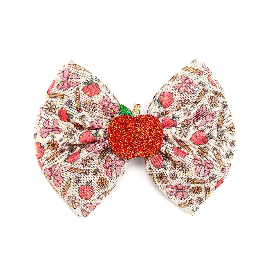 back to school hair bow with an apple in the center