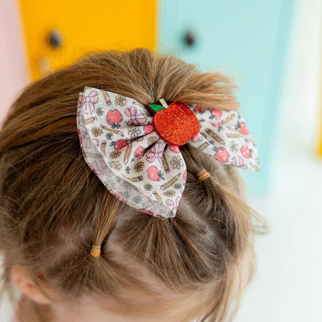 back to school hair bow with an apple in the center