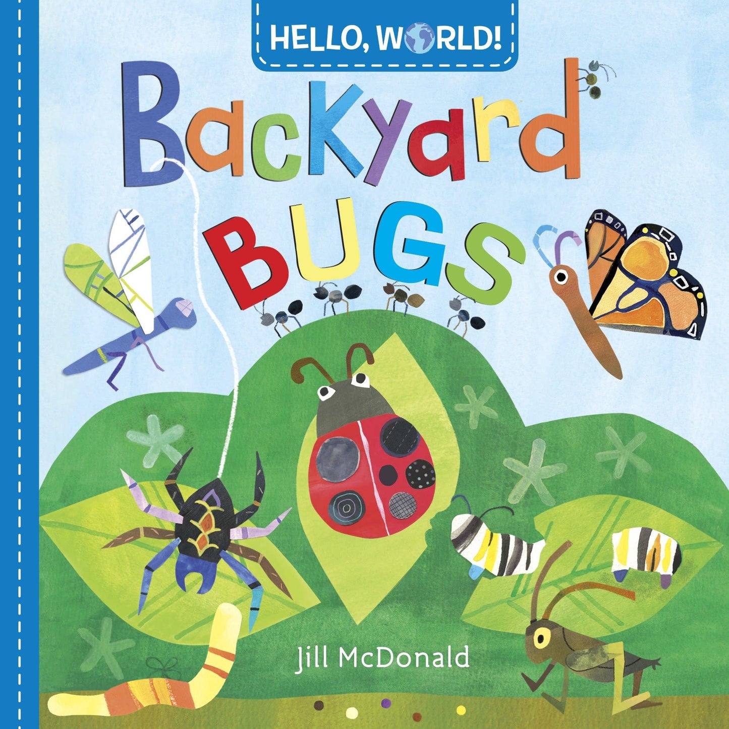 Book cover of 'Backyard Bugs' with colorful illustrations of insects on a blue background.