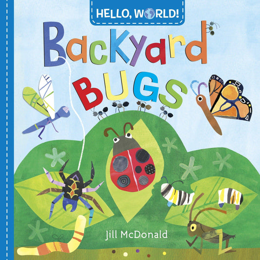 Book cover of 'Backyard Bugs' with colorful illustrations of insects on a blue background.